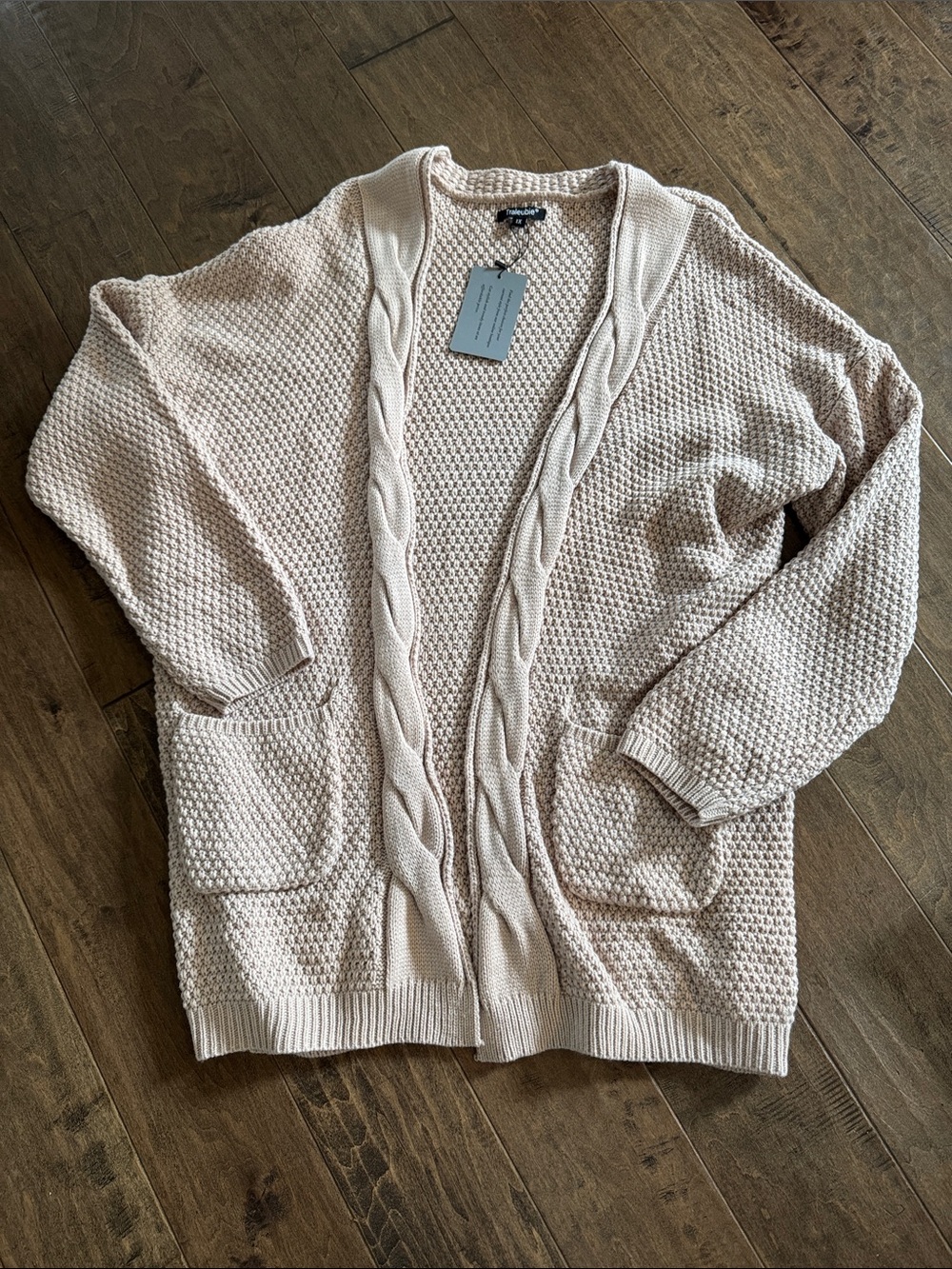 Open-Front Cable-Trim Cardigan Sweater in Cream